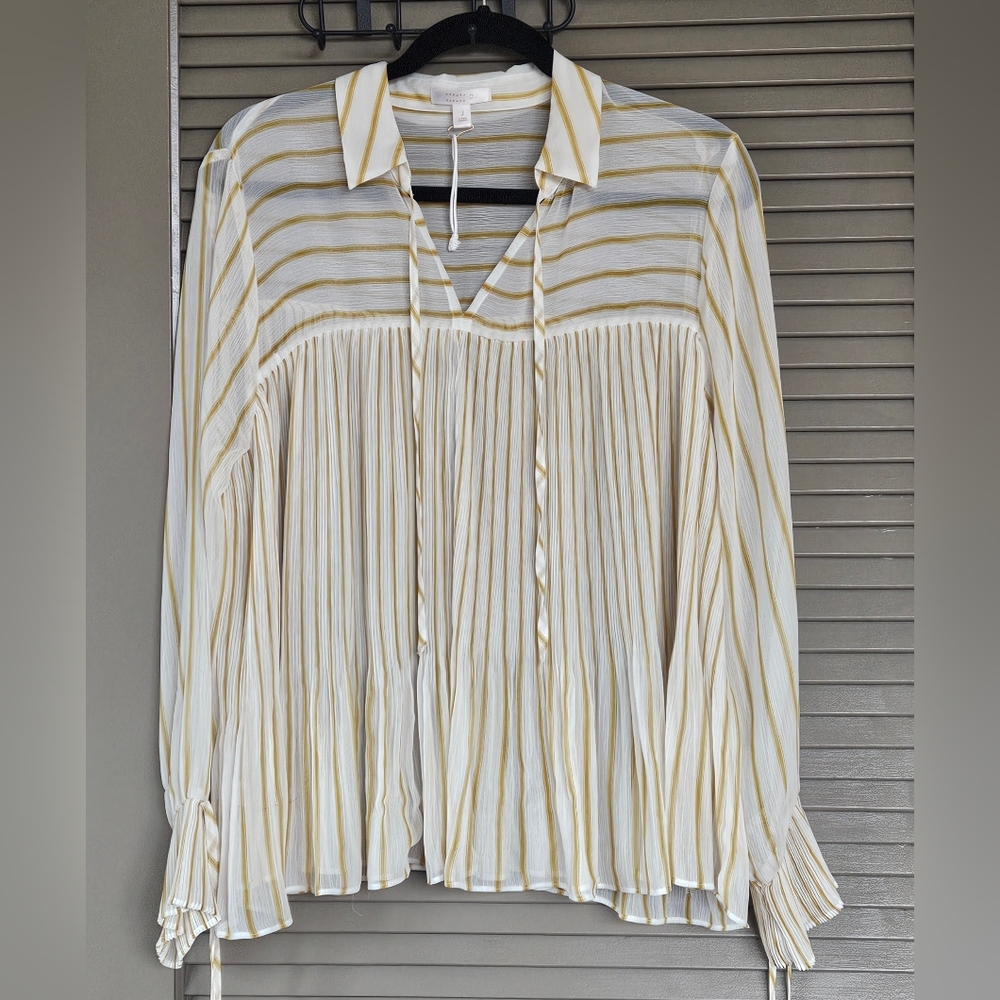 LC Lauren Conrad Pleated Chiffon Shear Marigold and Cream Striped Blouse Large - Picture 4 of 7